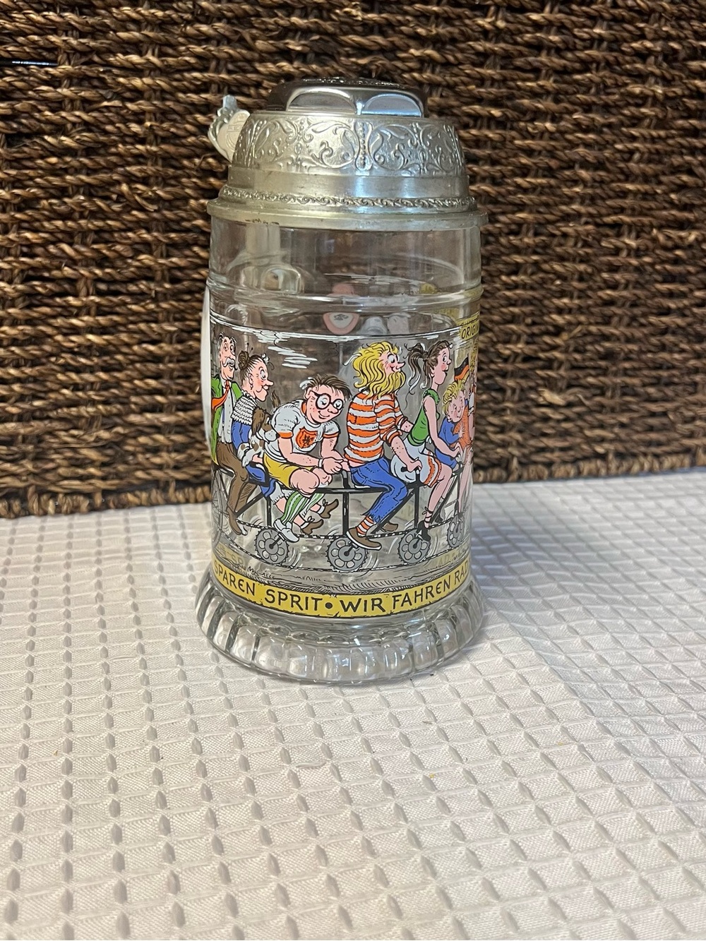 Rare Vtg West Germany BMF Radlerseidel Glass Beer Stein Comic Bike Graphics Bell